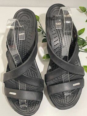 Crocs Sandals Womens Size W10 Black Strappy Slide Block Heel Comfort Rubber